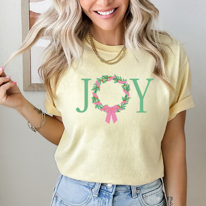 Joy Christmas Wreath Comfort Colors Tee, Holiday Shirt 