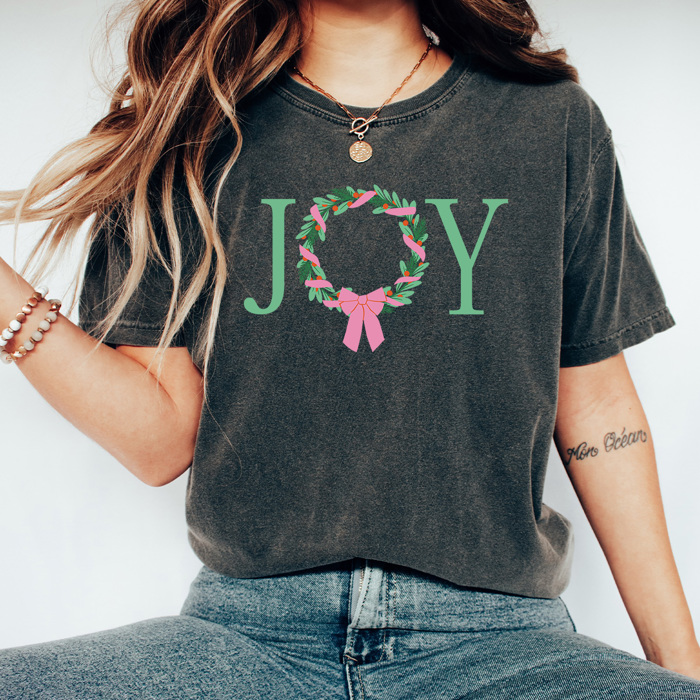 Joy Christmas Wreath Comfort Colors Tee, Holiday Shirt 