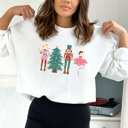 Medium White Cute Nutcracker Christmas Fleece Sweatshirt, Faux Glitter Pullover