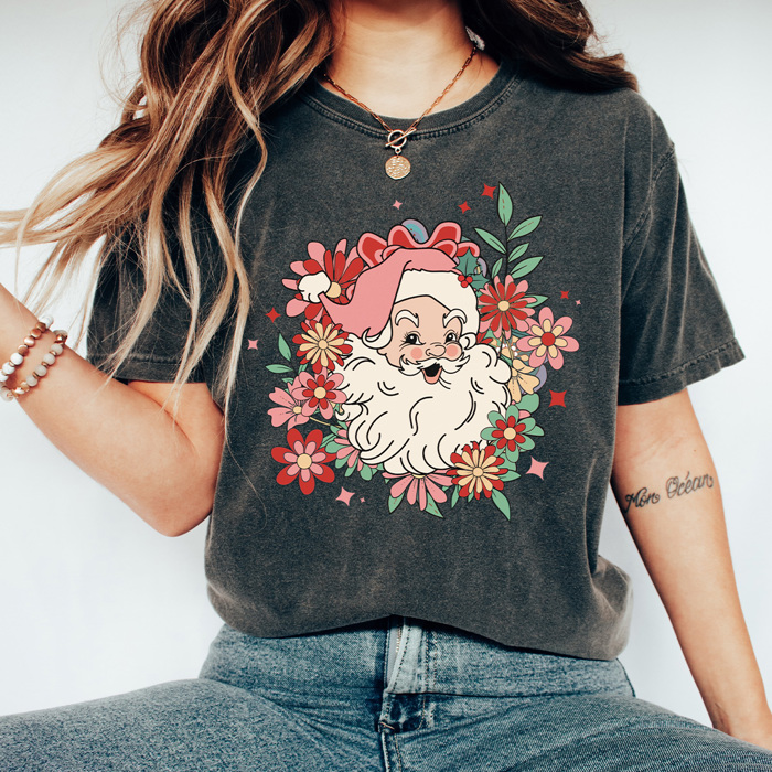 Floral Retro Santa Comfort Colors Tee, Christmas Shirt 