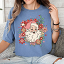Small Blue Jean Floral Retro Santa Comfort Colors Tee, Christmas Shirt 