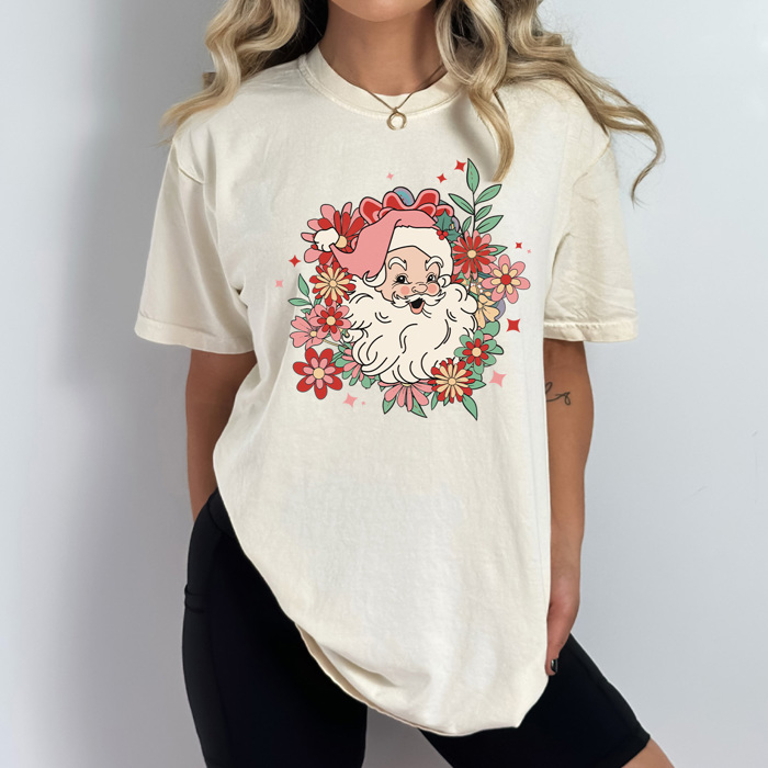 Floral Retro Santa Comfort Colors Tee, Christmas Shirt 