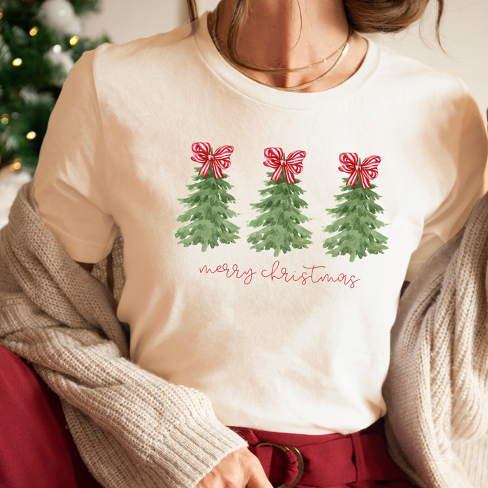 Peppermint Bow Trees Graphic Tee, Merry Christmas Shirt