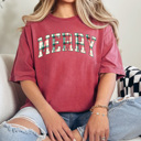 Small Crimson Christmas Plaid Merry Comfort Colors Tee, Plaid Christmas Shirt