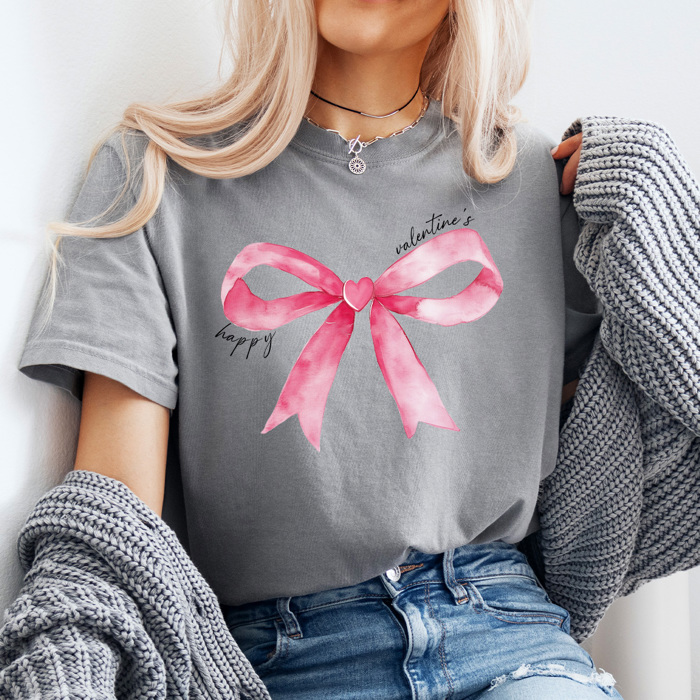 Happy Valentine's Watercolor Bow Pink Comfort Colors Tee, Coquette Bow Graphic Tee, Heart Love Bow Shirt