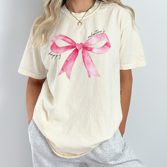Happy Valentine's Watercolor Bow Pink Comfort Colors Tee, Coquette Bow Graphic Tee, Heart Love Bow Shirt