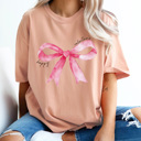 Medium Peachy Happy Valentine's Watercolor Bow Pink Comfort Colors Tee, Coquette Bow Graphic Tee, Heart Love Bow Shirt