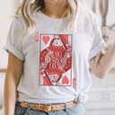 Large Ash Gray Queen Of Hearts Card Graphic Tee, Heart Playing Card Shirt