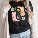  Cute Cowgirl Boots Floral Graphic Tee, Desert Flowers Shirt, Pink And Yellow Western Boots