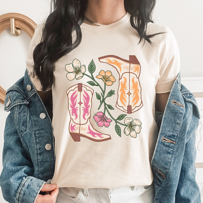 Cute Cowgirl Boots Floral Graphic Tee, Desert Flowers Shirt, Pink And Yellow Western Boots