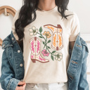 XL Cream Cute Cowgirl Boots Floral Graphic Tee, Desert Flowers Shirt, Pink And Yellow Western Boots