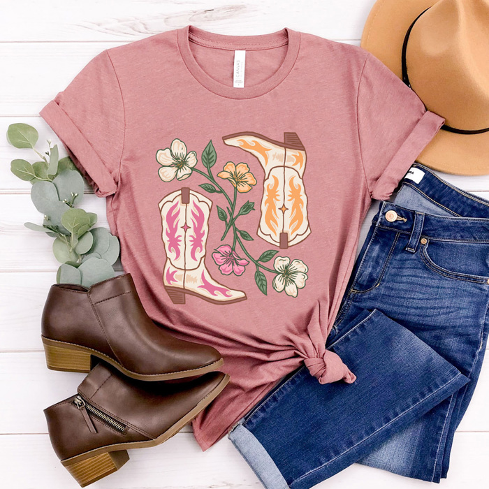 Cute Cowgirl Boots Floral Graphic Tee, Desert Flowers Shirt, Pink And Yellow Western Boots