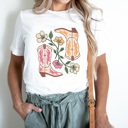 XXL White Cute Cowgirl Boots Floral Graphic Tee, Desert Flowers Shirt, Pink And Yellow Western Boots