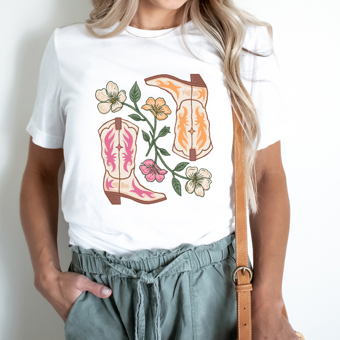 Cute Cowgirl Boots Floral Graphic Tee, Desert Flowers Shirt, Pink And Yellow Western Boots