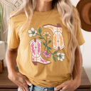  Cute Cowgirl Boots Floral Graphic Tee, Desert Flowers Shirt, Pink And Yellow Western Boots