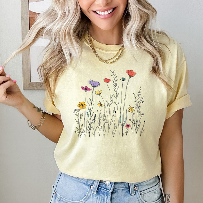 Doodle Wild Flowers Comfort Colors Tee, Spring Time Floral Shirt, Summer Tee 