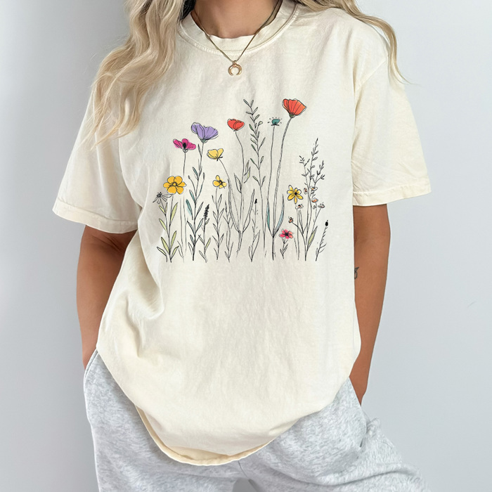 Doodle Wild Flowers Comfort Colors Tee, Spring Time Floral Shirt, Summer Tee 