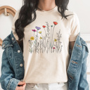 Large Cream Doodle Wild Flowers Graphic Tee, Spring Time Floral Shirt, Summer Tee 