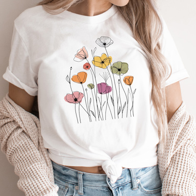 Wild Poppies Doodle Flowers Graphic Tee, Colorful Spring Time Floral Shirt, Summer Tee 