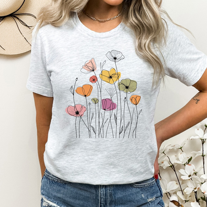 Wild Poppies Doodle Flowers Graphic Tee, Colorful Spring Time Floral Shirt, Summer Tee 