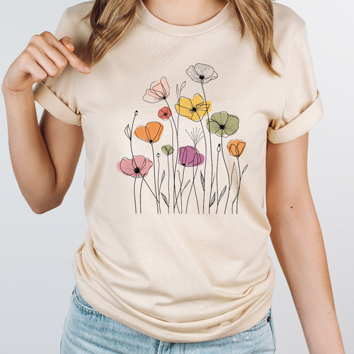 Wild Poppies Doodle Flowers Graphic Tee, Colorful Spring Time Floral Shirt, Summer Tee 