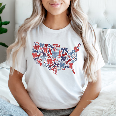 Bow United States Map Graphic Tee, Coquette Bow USA Shirt, Fourth Of July Tee