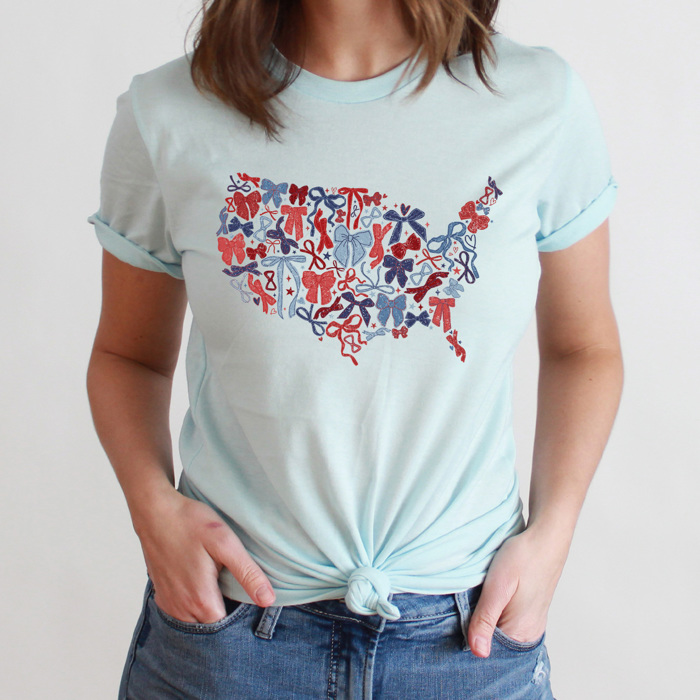 Bow United States Map Graphic Tee, Coquette Bow USA Shirt, Fourth Of July Tee