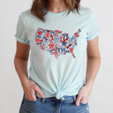 Large Ice Blue Bow United States Map Graphic Tee, Coquette Bow USA Shirt, Fourth Of July Tee