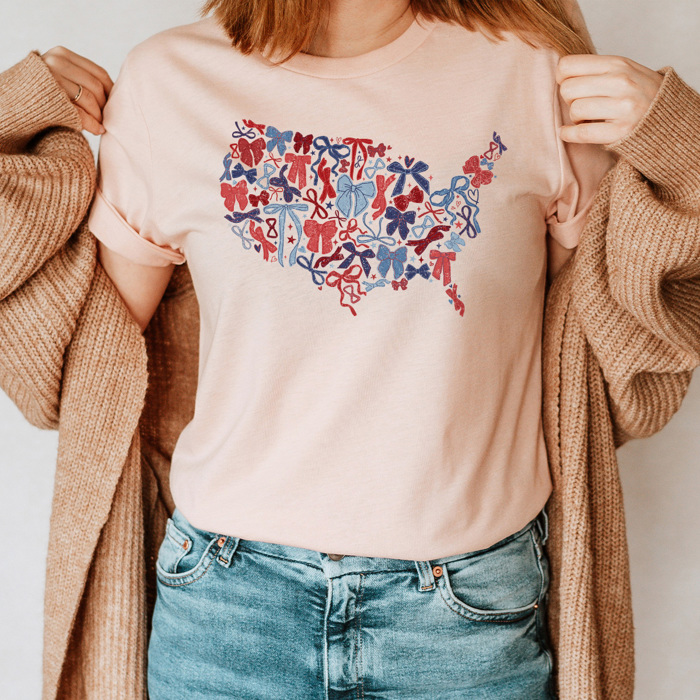 Bow United States Map Graphic Tee, Coquette Bow USA Shirt, Fourth Of July Tee
