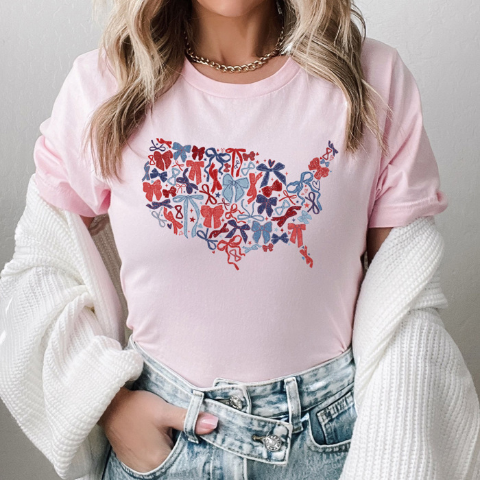 Bow United States Map Graphic Tee, Coquette Bow USA Shirt, Fourth Of July Tee
