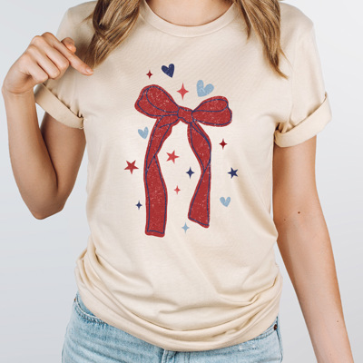 Red Bow Patriotic Graphic Tee, Starts And Hearts American Shirt, Fourth Of July Tee