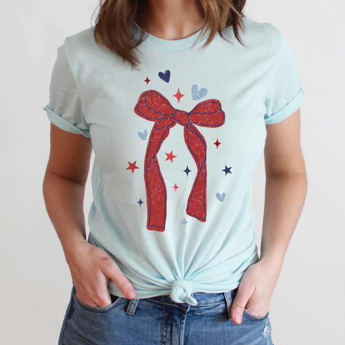 Red Bow Patriotic Graphic Tee, Starts And Hearts American Shirt, Fourth Of July Tee