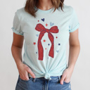XXL Ice Blue Red Bow Patriotic Graphic Tee, Starts And Hearts American Shirt, Fourth Of July Tee