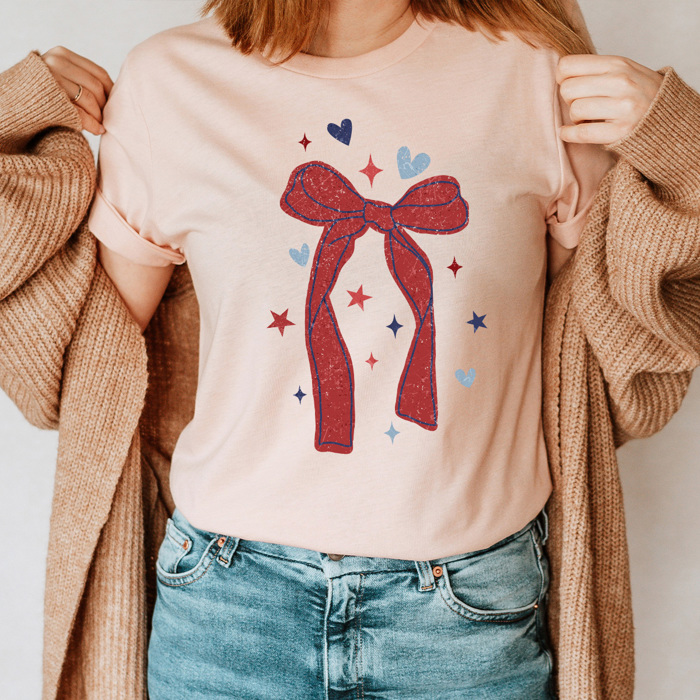 Red Bow Patriotic Graphic Tee, Starts And Hearts American Shirt, Fourth Of July Tee