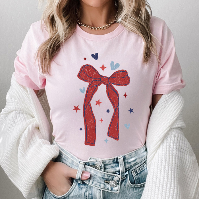 Red Bow Patriotic Graphic Tee, Starts And Hearts American Shirt, Fourth Of July Tee