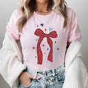 Medium Pink Red Bow Patriotic Graphic Tee, Starts And Hearts American Shirt, Fourth Of July Tee