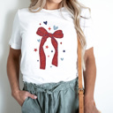 Small White Red Bow Patriotic Graphic Tee, Starts And Hearts American Shirt, Fourth Of July Tee