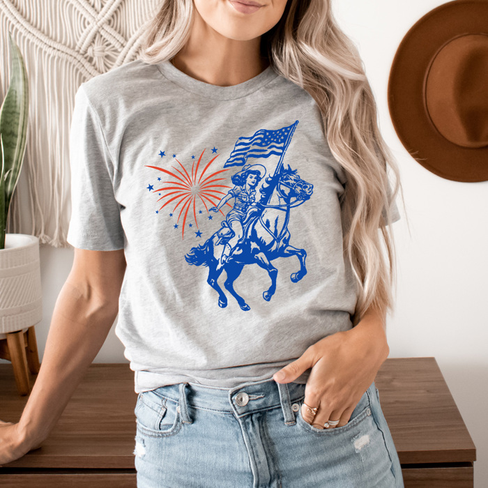 Americana Cowgirl Graphic Tee, Firework Western Shirt, Fourth Of July Tee