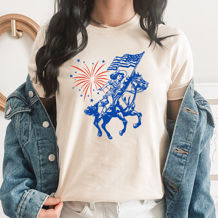 Americana Cowgirl Graphic Tee, Firework Western Shirt, Fourth Of July Tee