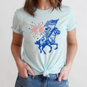Medium Ice Blue Americana Cowgirl Graphic Tee, Firework Western Shirt, Fourth Of July Tee