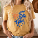 XXL Mustard Americana Cowgirl Graphic Tee, Firework Western Shirt, Fourth Of July Tee