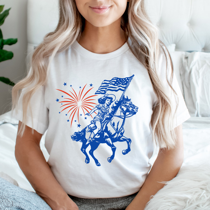 Americana Cowgirl Graphic Tee, Firework Western Shirt, Fourth Of July Tee