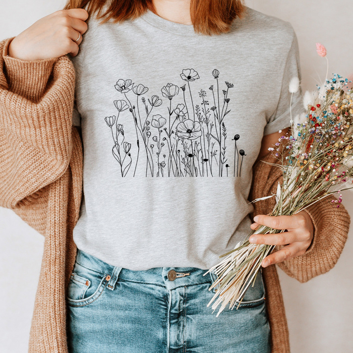 Dainty Poppies Wildflowers Basic Graphic Tee, Floral Shirt, Doodle Flowers Tee