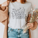 Large Heather Gray Dainty Poppies Wildflowers Basic Graphic Tee, Floral Shirt, Doodle Flowers Tee