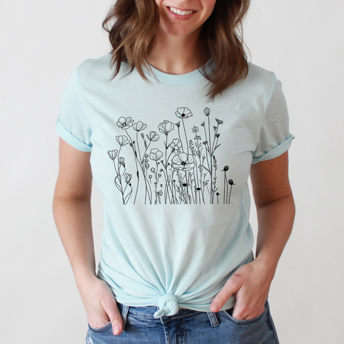 Dainty Poppies Wildflowers Basic Graphic Tee, Floral Shirt, Doodle Flowers Tee