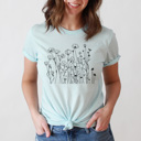 Medium Purist Blue Dainty Poppies Wildflowers Basic Graphic Tee, Floral Shirt, Doodle Flowers Tee