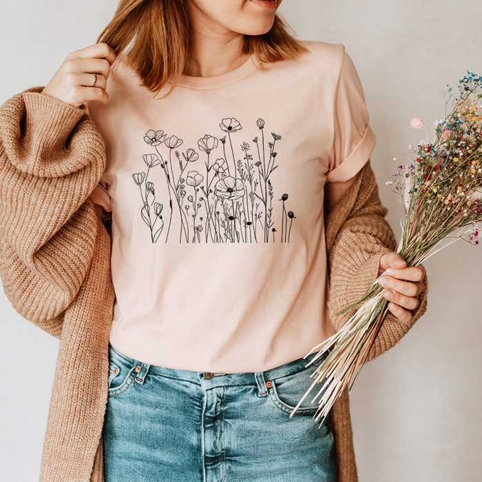 Dainty Poppies Wildflowers Basic Graphic Tee, Floral Shirt, Doodle Flowers Tee