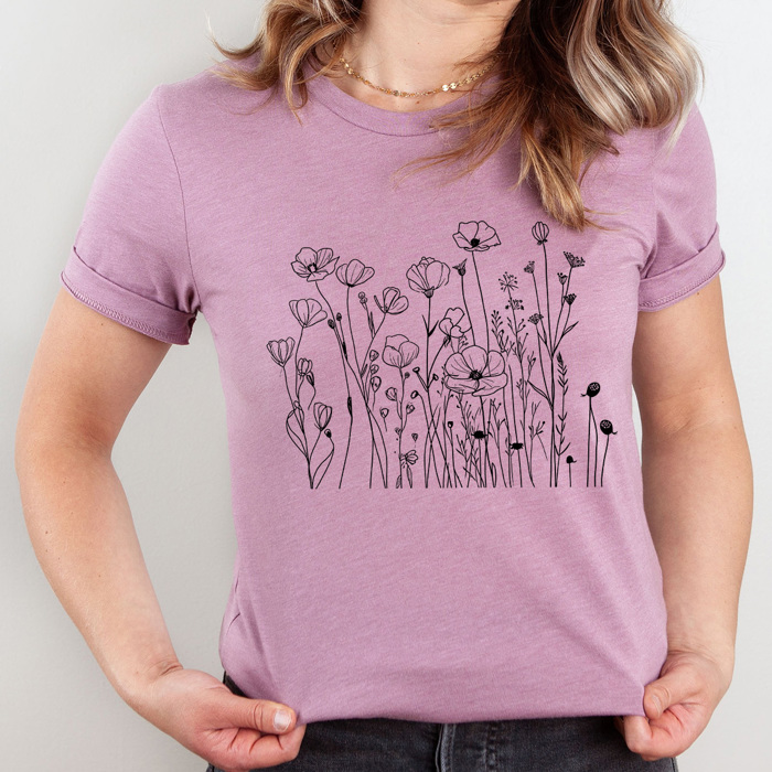 Dainty Poppies Wildflowers Basic Graphic Tee, Floral Shirt, Doodle Flowers Tee