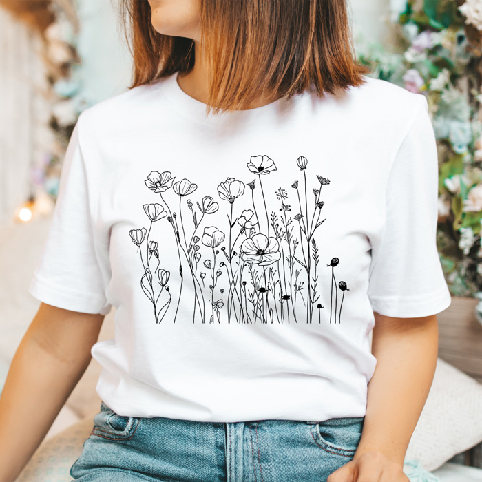 Dainty Poppies Wildflowers Basic Graphic Tee, Floral Shirt, Doodle Flowers Tee