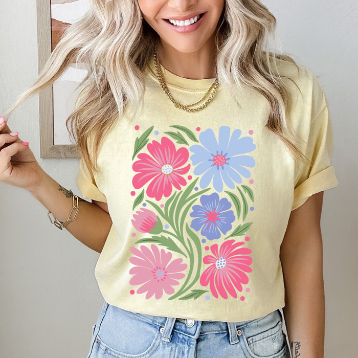 Whimsical Pink Floral Comfort Colors Tee, Warped Flower Graphic Tee, Wild Flower Tee